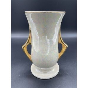 Vintage Iridescent Pearlescent Gold Lusterware Vase Hand Decorated 22KT 7”